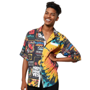 lucid origin a single fashion model wearing a funky shirt with vibrant colors and unique patt 0 removebg preview